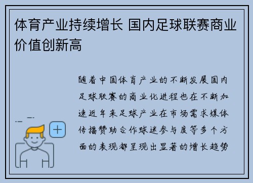 体育产业持续增长 国内足球联赛商业价值创新高
