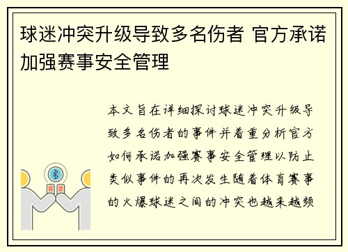 球迷冲突升级导致多名伤者 官方承诺加强赛事安全管理