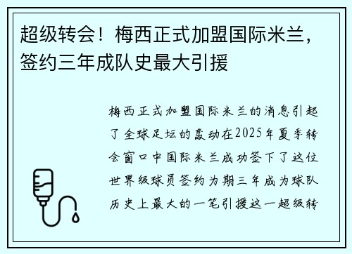 超级转会！梅西正式加盟国际米兰，签约三年成队史最大引援