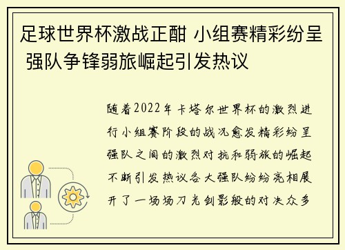 足球世界杯激战正酣 小组赛精彩纷呈 强队争锋弱旅崛起引发热议