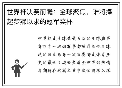 世界杯决赛前瞻：全球聚焦，谁将捧起梦寐以求的冠军奖杯